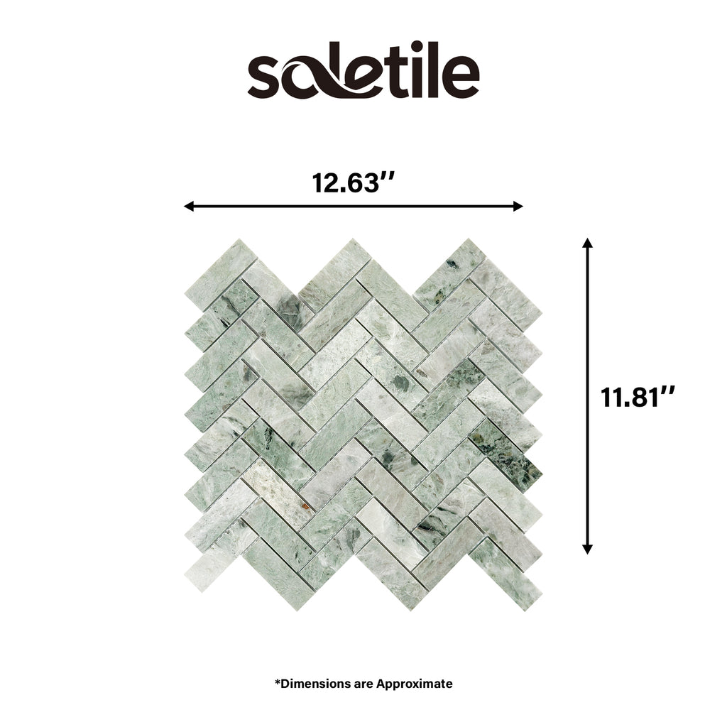 Mosaic tile sample with dimensions labeled and 'soletile' branding.