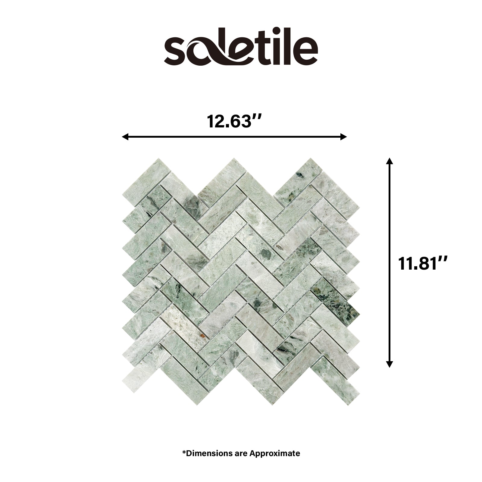 Mosaic tile sample with dimensions labeled and 'soletile' branding.