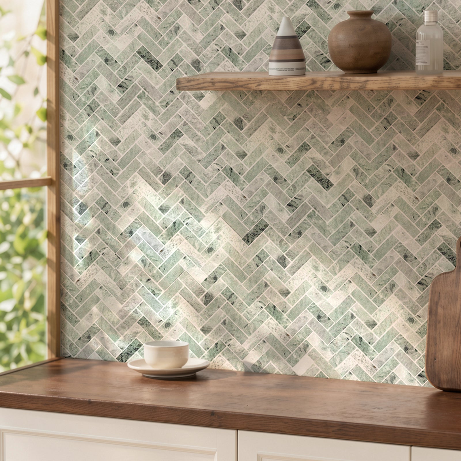 Herringbone Jade Green Marble Mosaic Tile