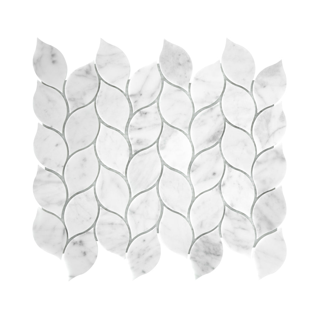 White carrara marble leaf-shaped tiles on a white background
