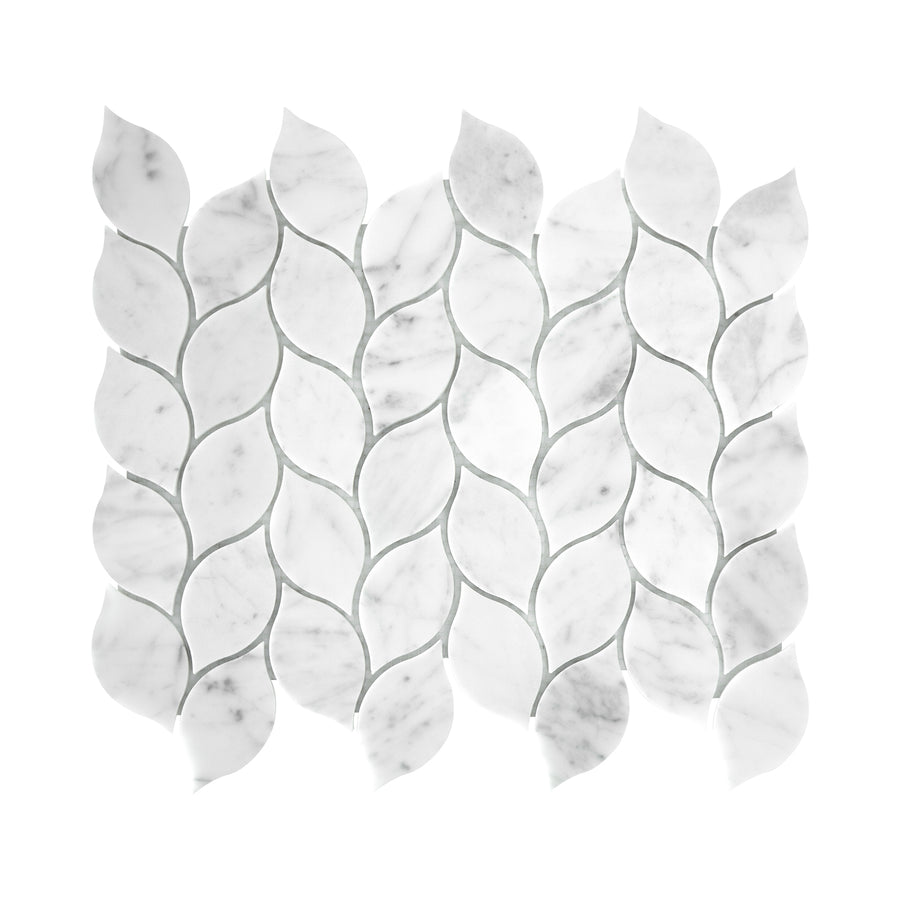 White carrara marble leaf-shaped tiles on a white background