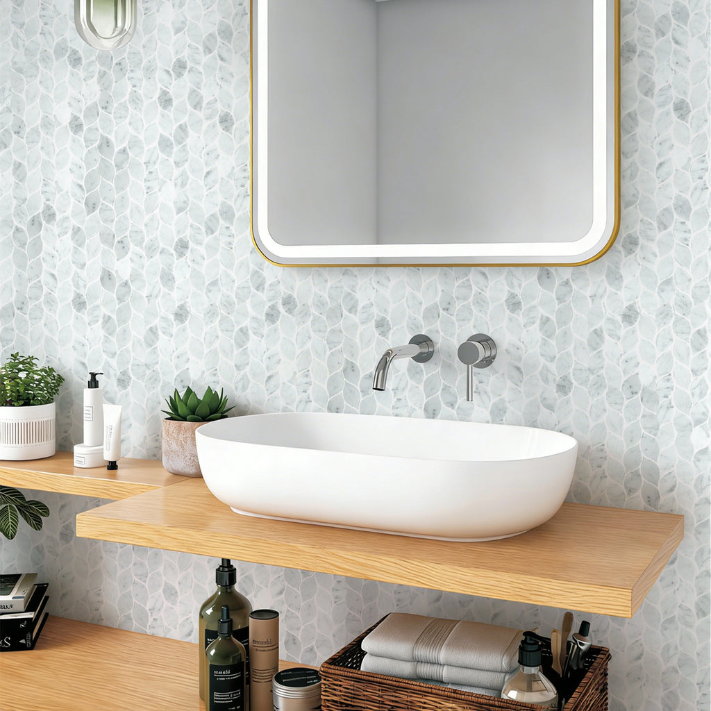 Bathroom with a white sink on a wooden vanity, mirror, and decorative elements.