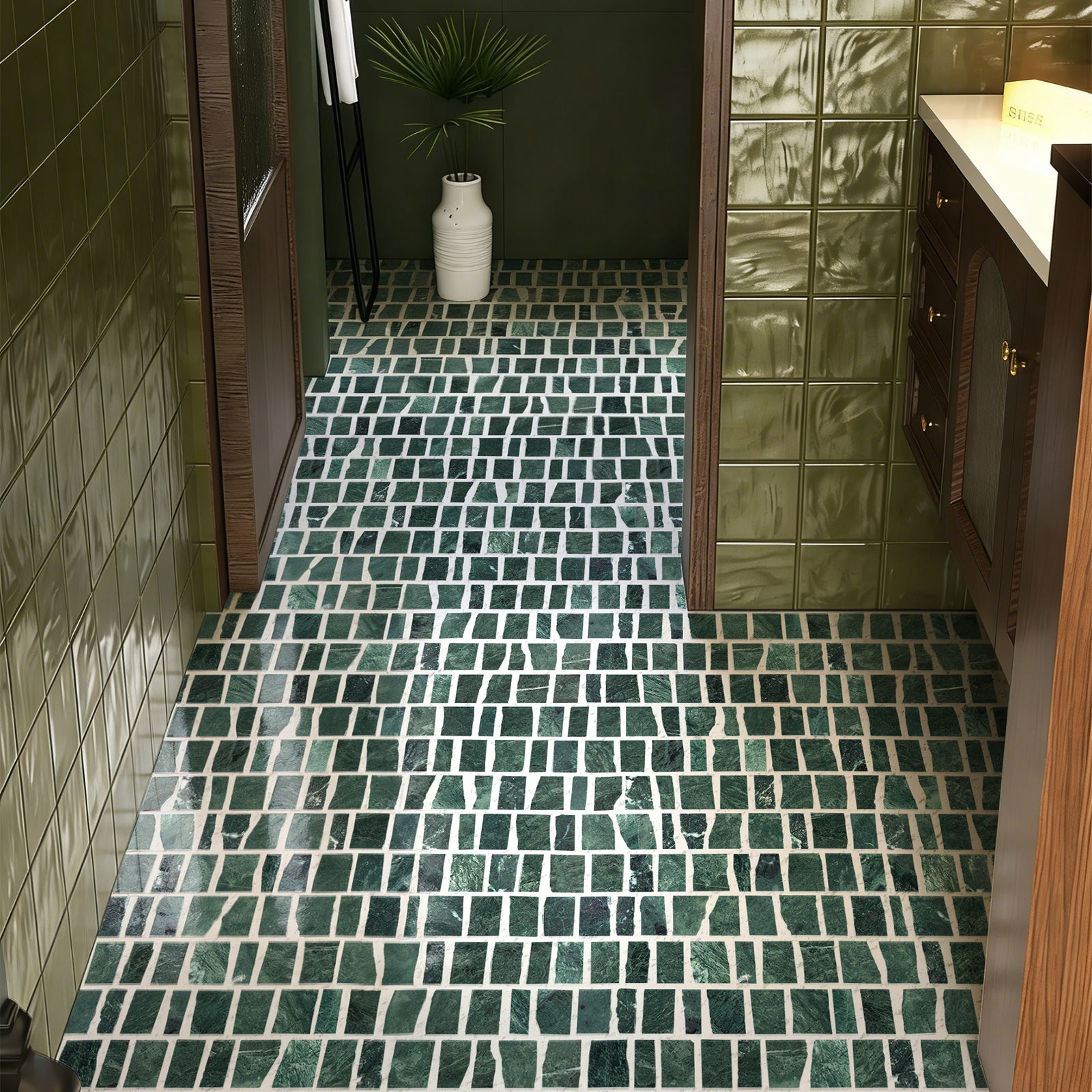 Rough-Cut Verde Marble Mosaic Tile