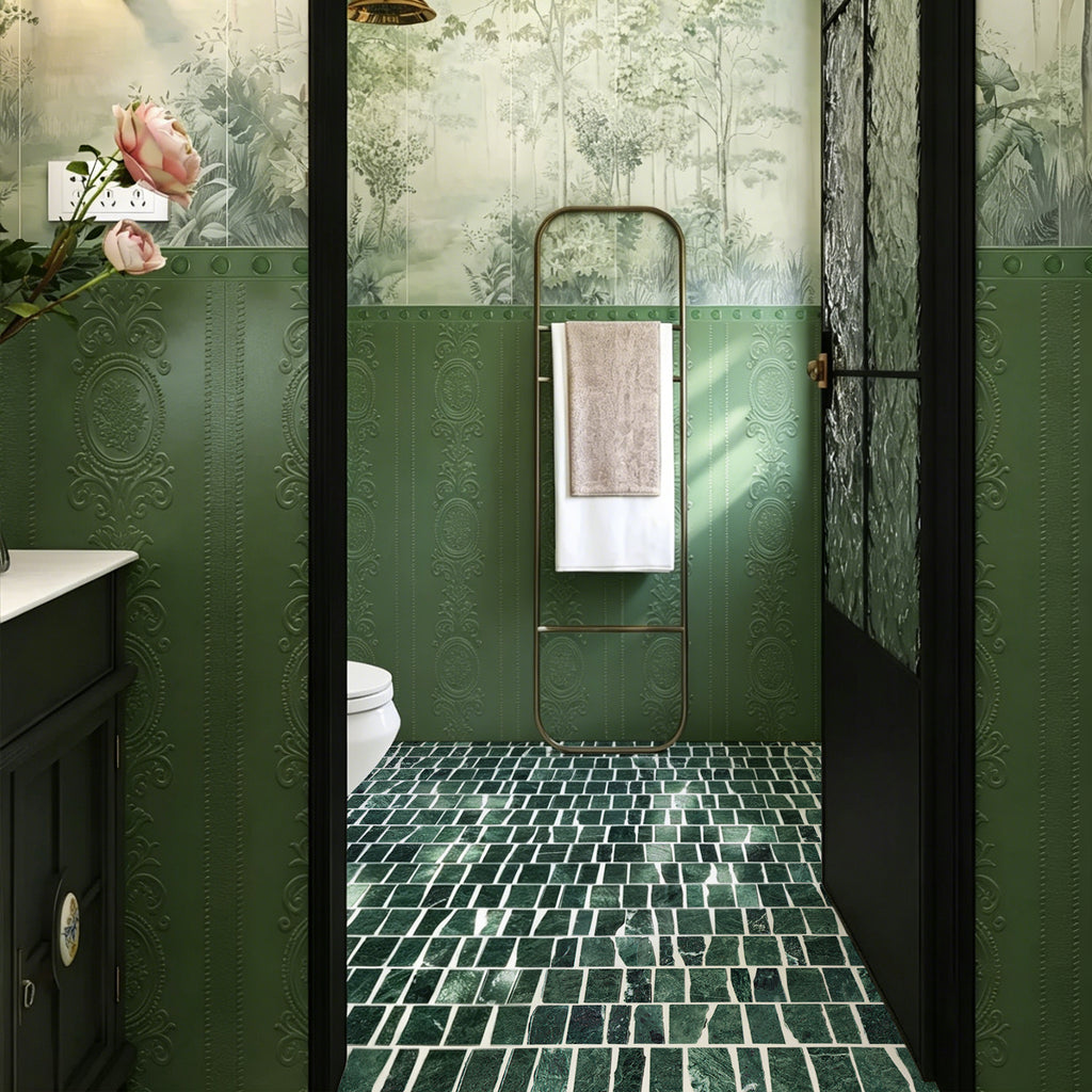 Rough-Cut Verde Marble Mosaic Tile