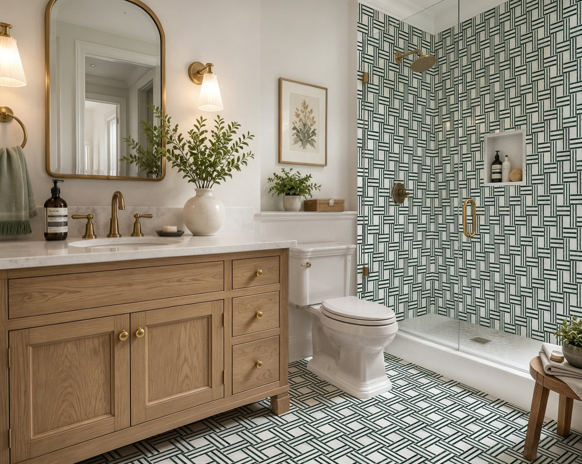 Geometric Grid Verde & Carrara White Marble Mosaic Tile