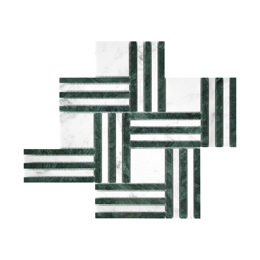 Green and white marble tiles arranged in a geometric pattern on a white background