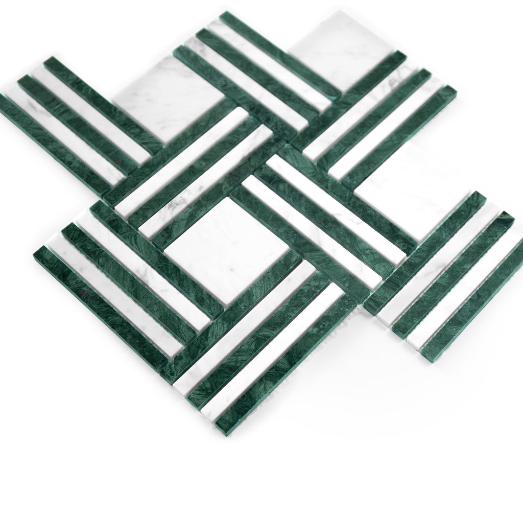 Green and white patterned tiles on a white background