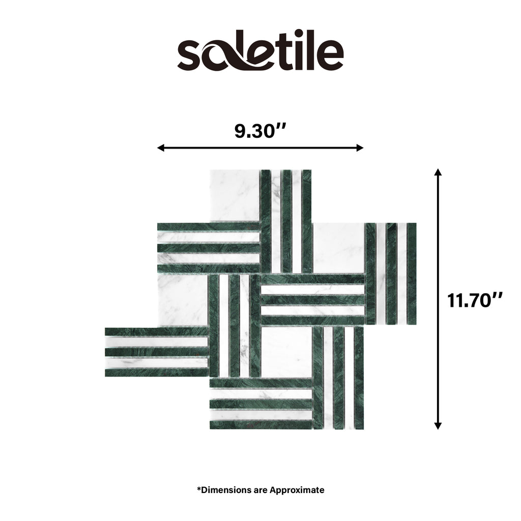 Mosaic tile design with dimensions labeled, featuring the brand 'soletile'.