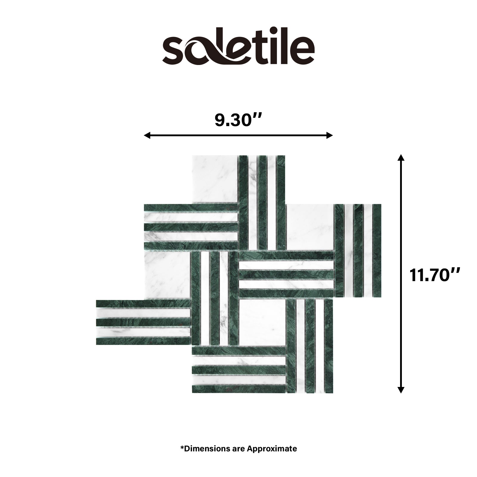 Mosaic tile design with dimensions labeled, featuring the brand 'soletile'.