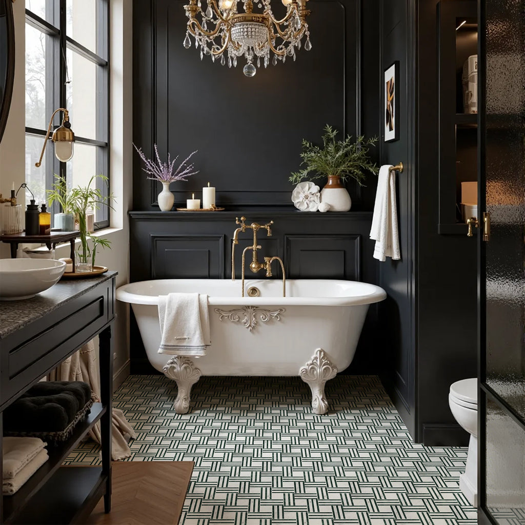 Geometric Grid Verde & Carrara White Marble Mosaic Tile
