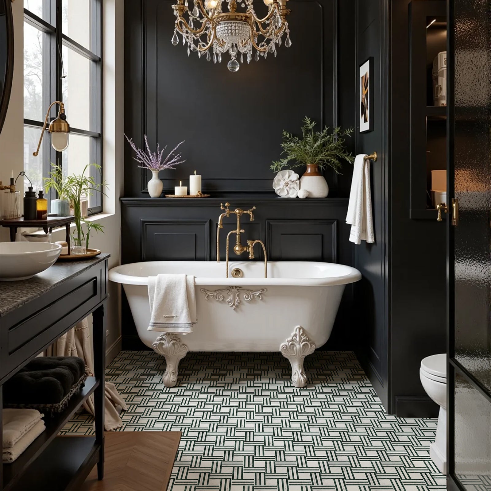 Geometric Grid Verde & Carrara White Marble Mosaic Tile