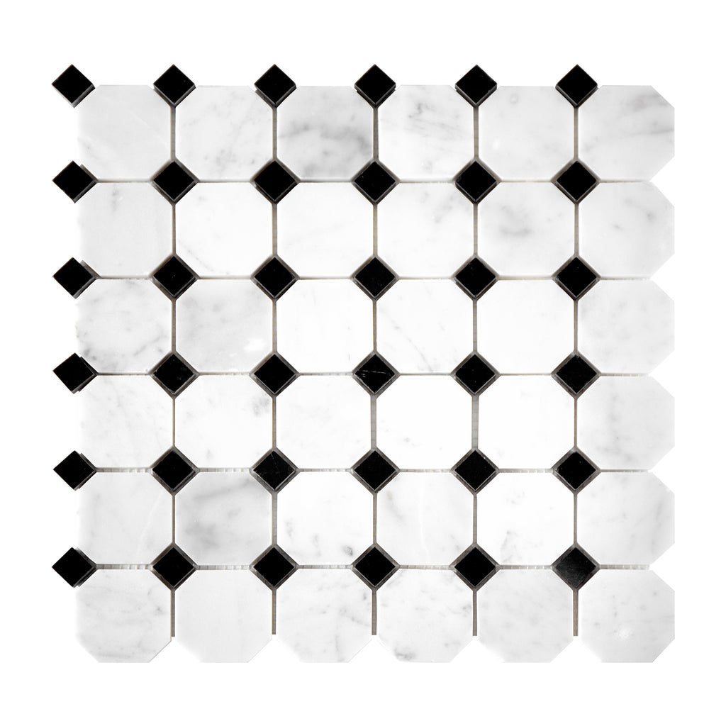 Mosaic tile in octagon and dot pattern with black and carrara white marble on a white background