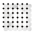 Mosaic tile in octagon and dot pattern with black and carrara white marble on a white background