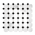 Mosaic tile in octagon and dot pattern with black and carrara white marble on a white background