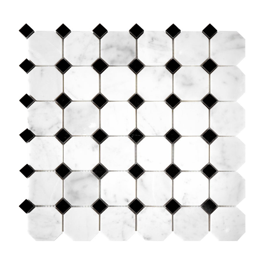 Mosaic tile in octagon and dot pattern with black and carrara white marble on a white background