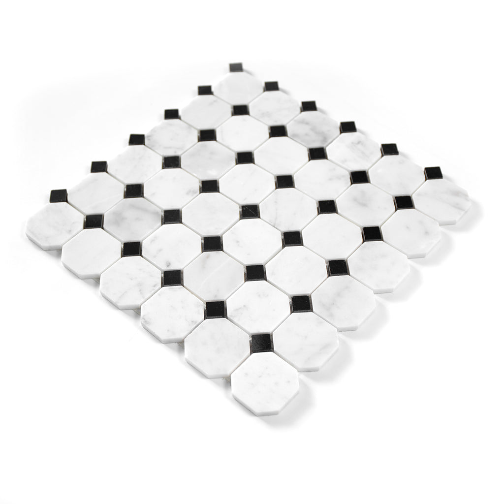 Octagon and dot mosaic in carrara white tiles on a white background