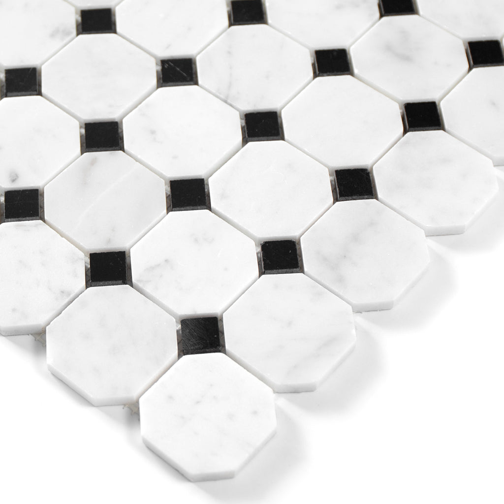 Octagon and dot mosaic tile with carrara white and black marble