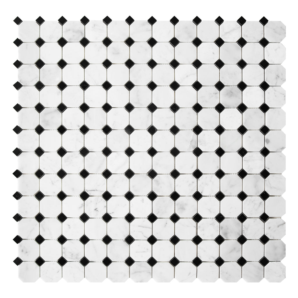 Mosaic octagon and dot pattern of black and carrara white marble on a white background