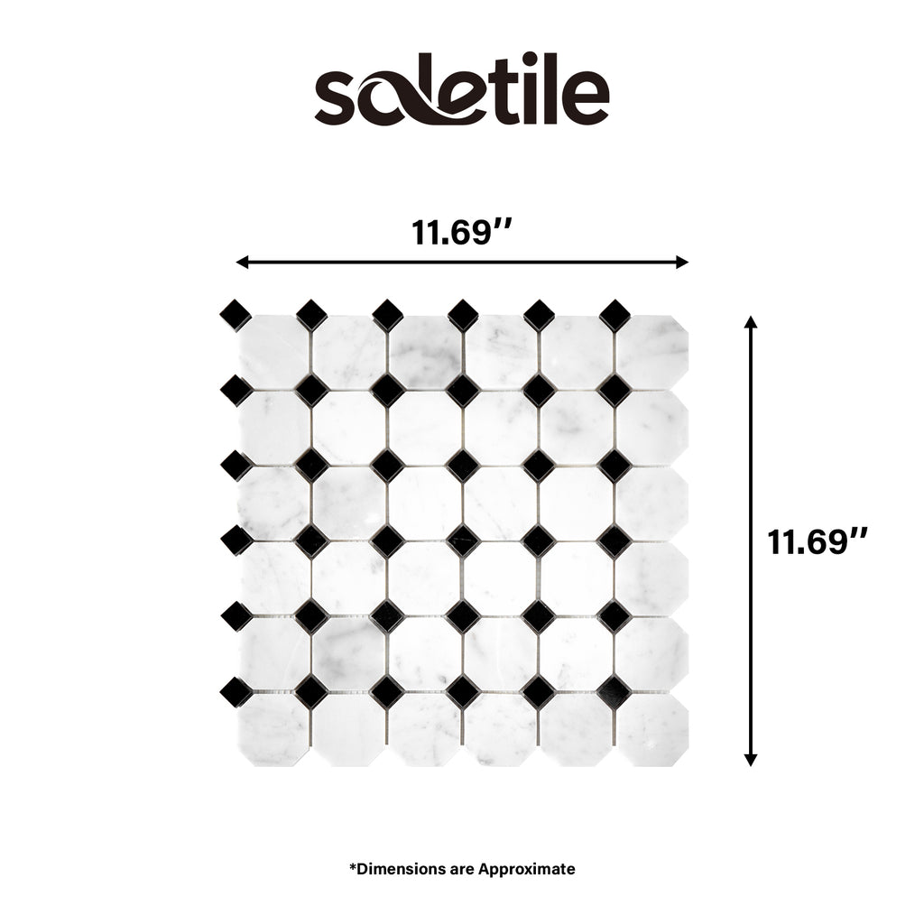 Mosaic tile pattern with dimensions labeled, featuring the brand 'soletile'.