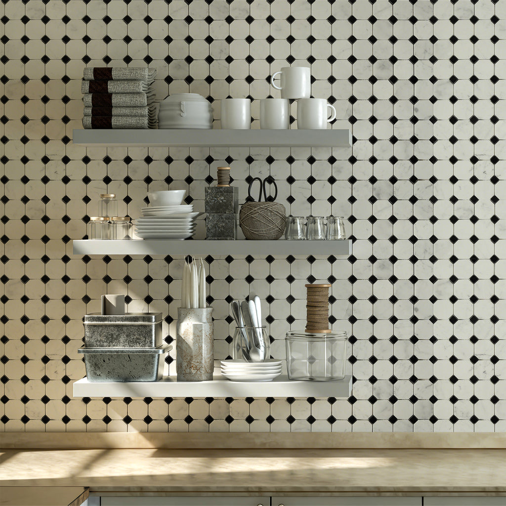 Kitchen with white shelves against a black and white tiled wall