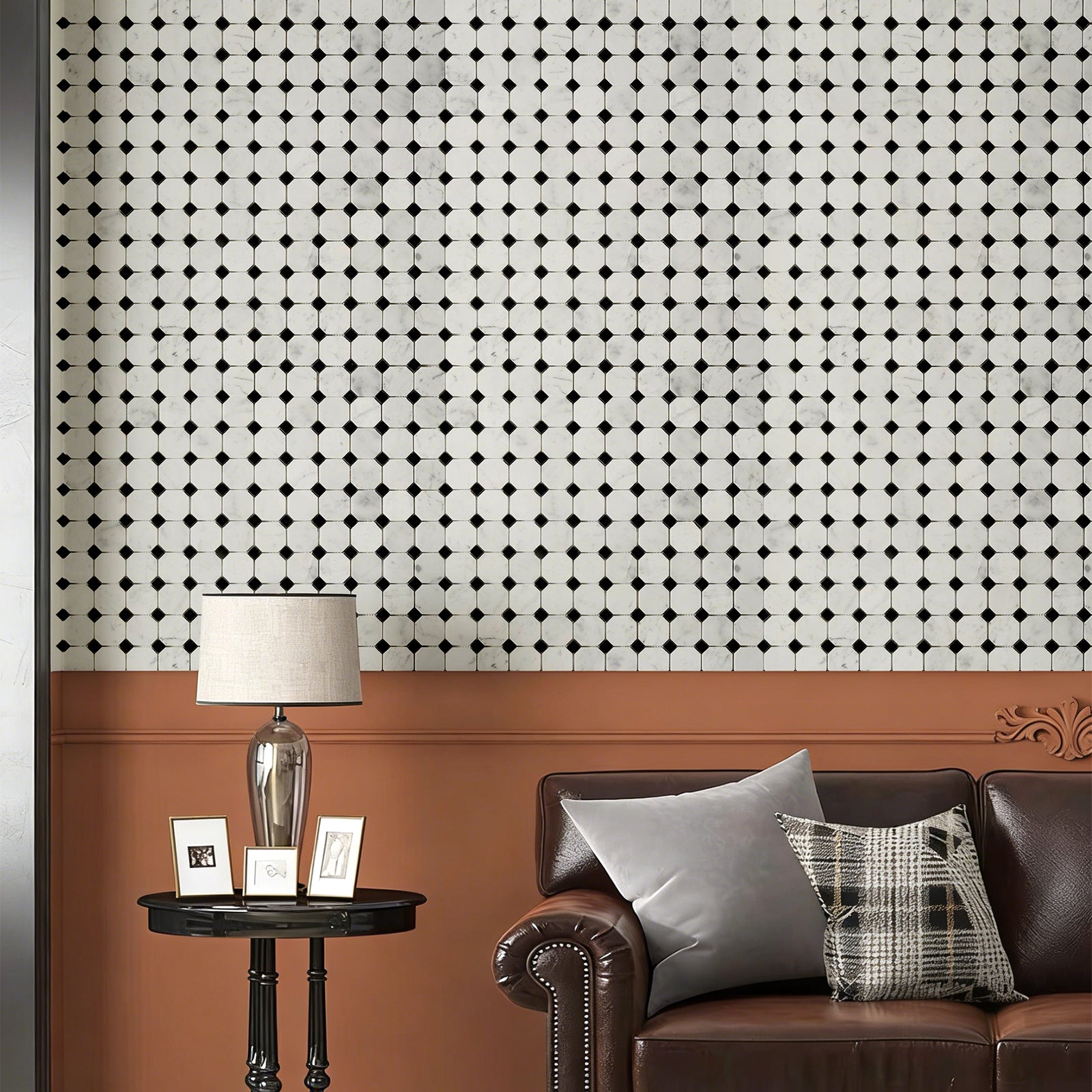 Living room with brown sofa, side table, and patterned wall.