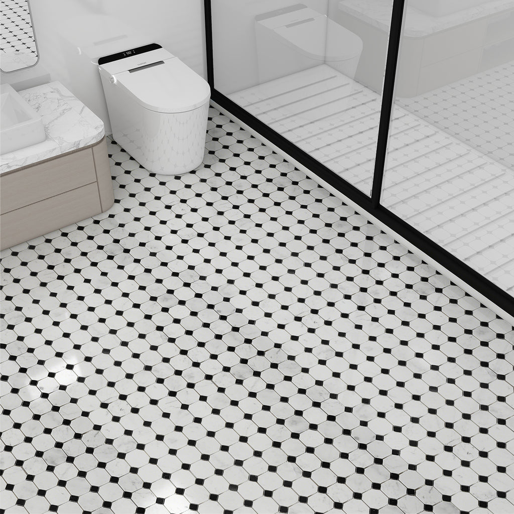 Octagon Carrara White & Black Jade Marble Mosaic Tile