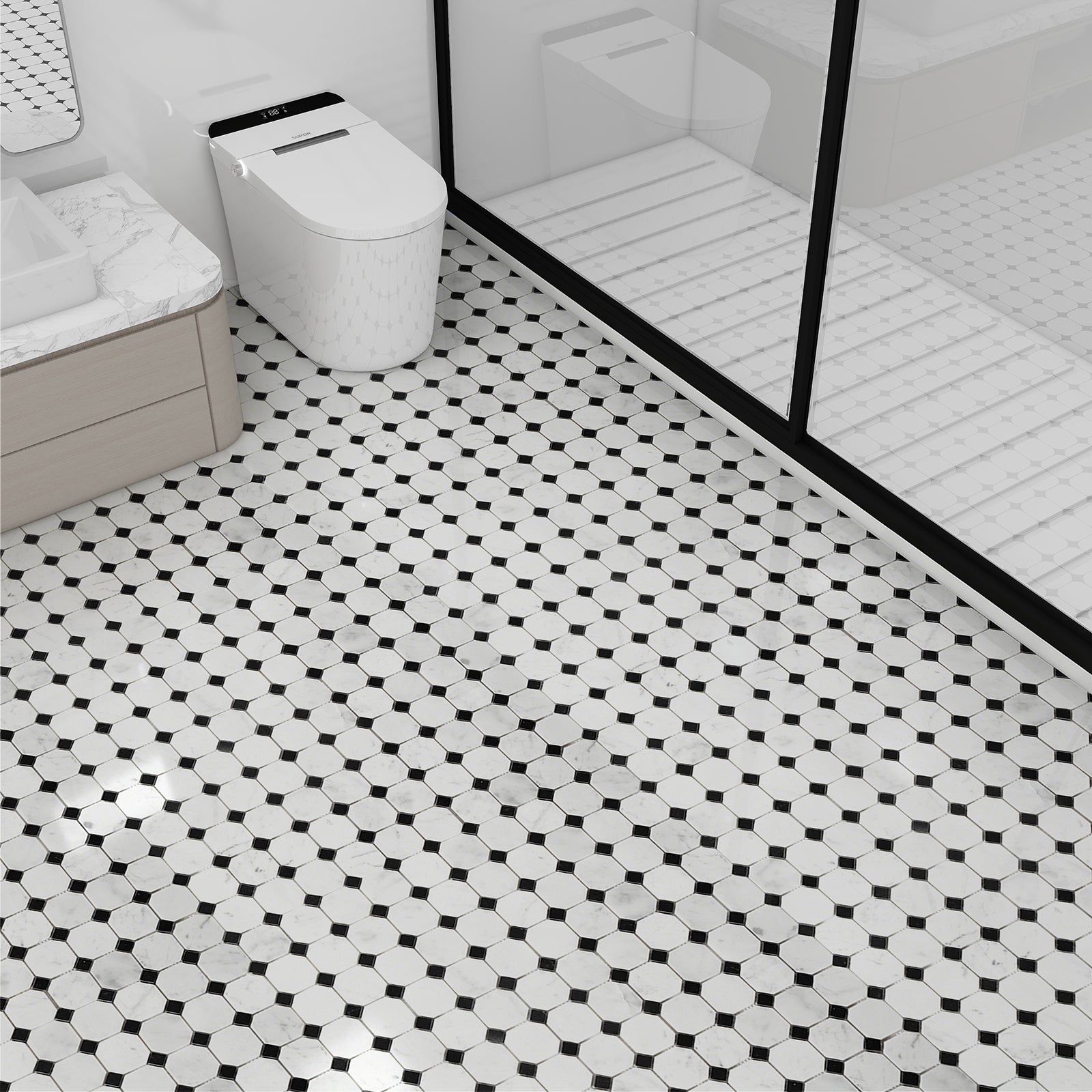 Octagon Carrara White & Black Jade Marble Mosaic Tile