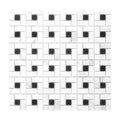 Black and white mosaic pinwheel tile pattern on a white background