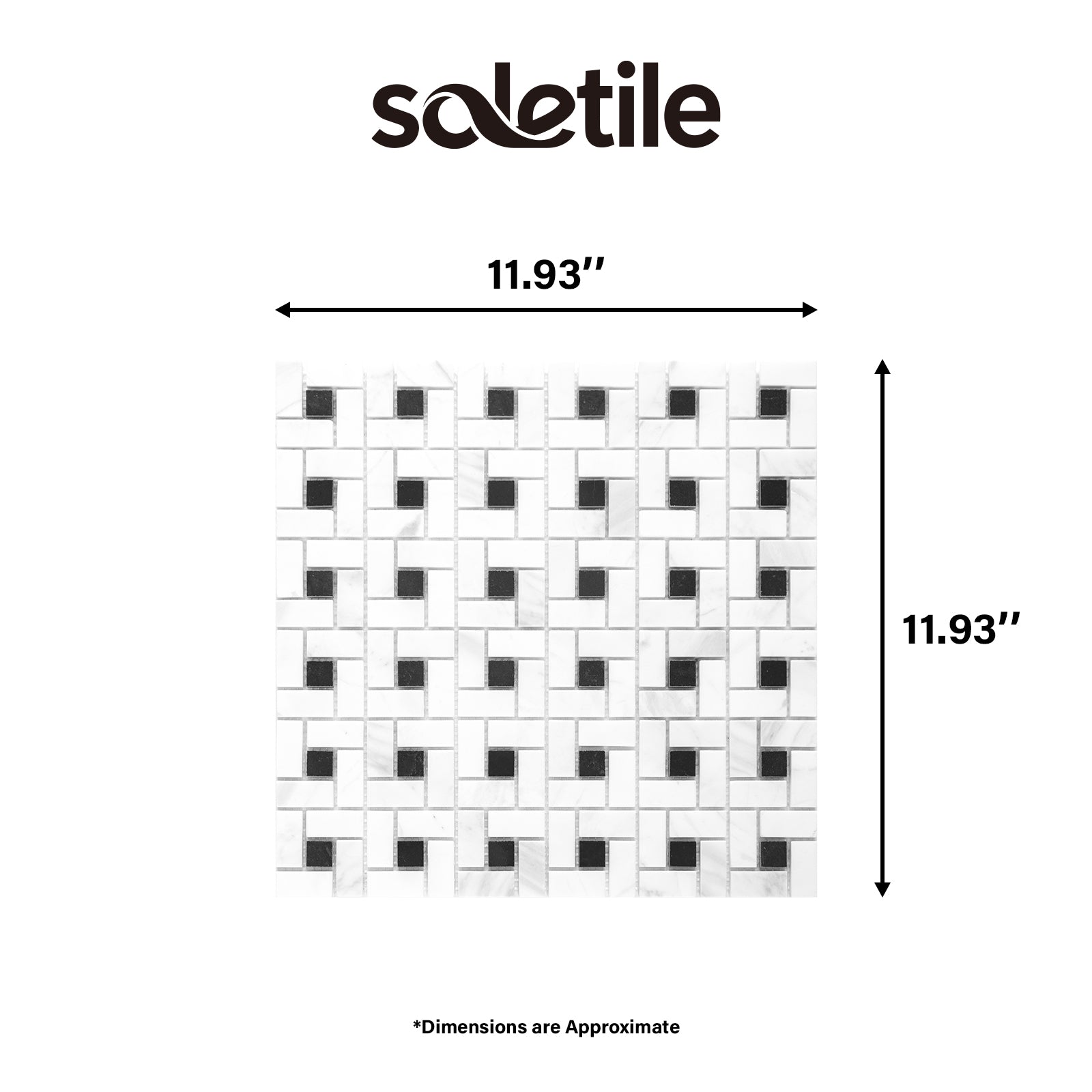 Mosaic tile pattern with dimensions labeled, featuring the brand 'soletile'.