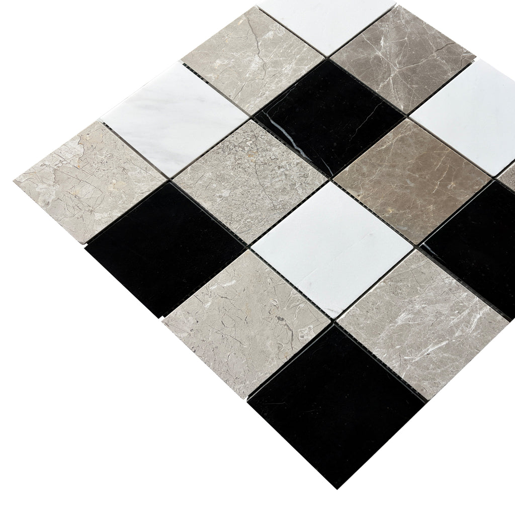 Grid Ariston White & Black Jade & Cloud Gray Marble Mosaic Tile