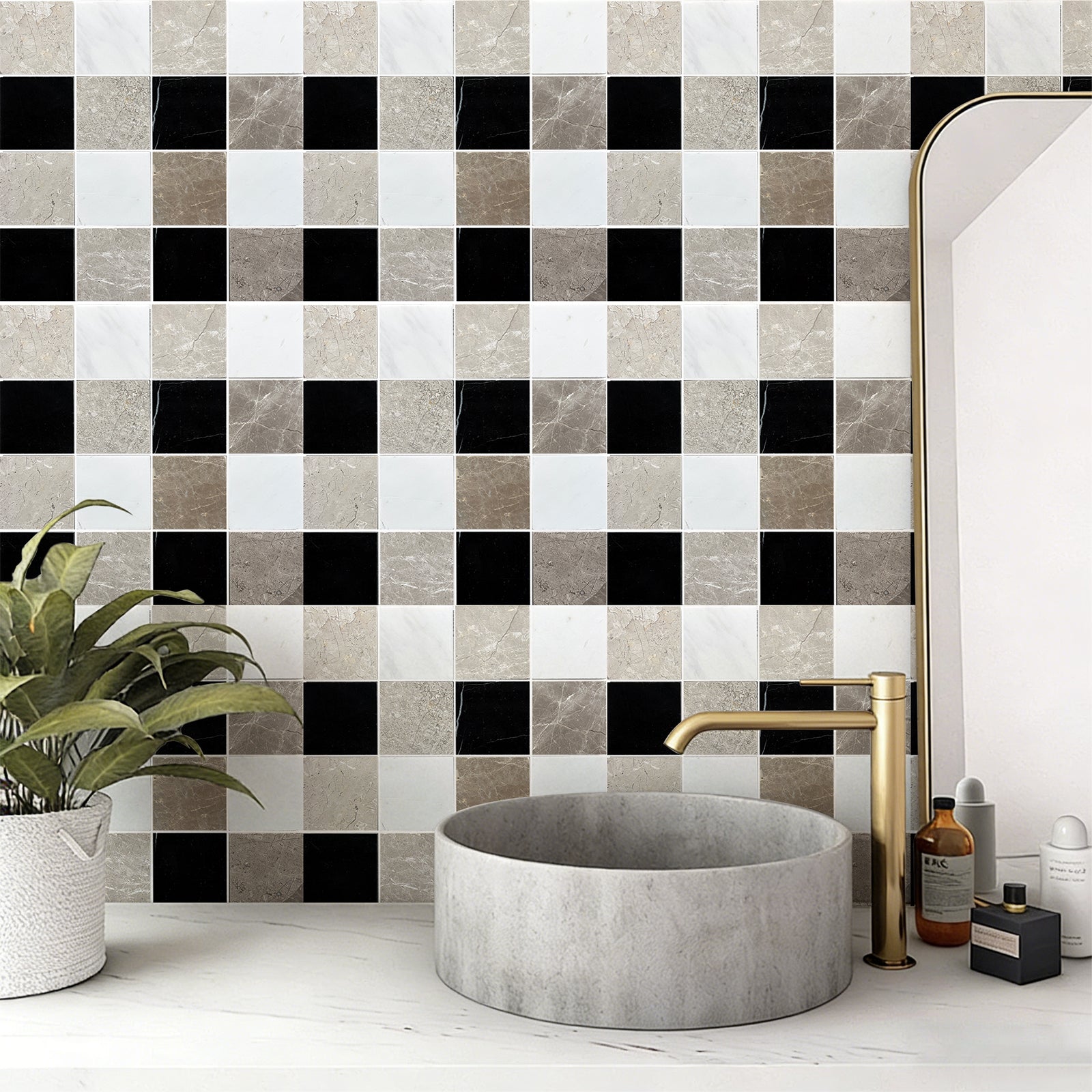 Grid Ariston White & Black Jade & Cloud Gray Marble Mosaic Tile