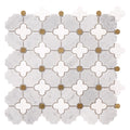 Mosaic tile pattern with white quatrefoil shapes and gold centers on a white background