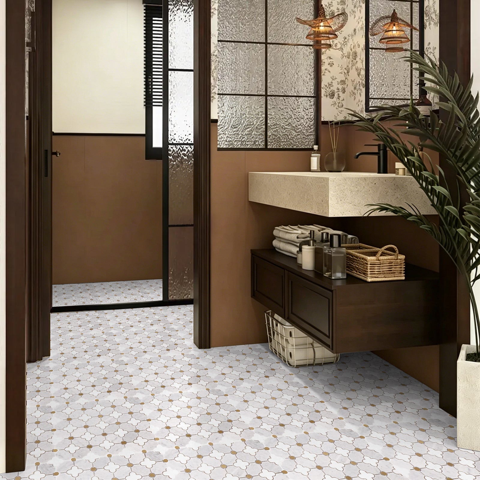 Modern bathroom with a sink vanity, towels, and decorative elements.