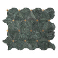 Green marble mosaic tile with gold accents on a white background
