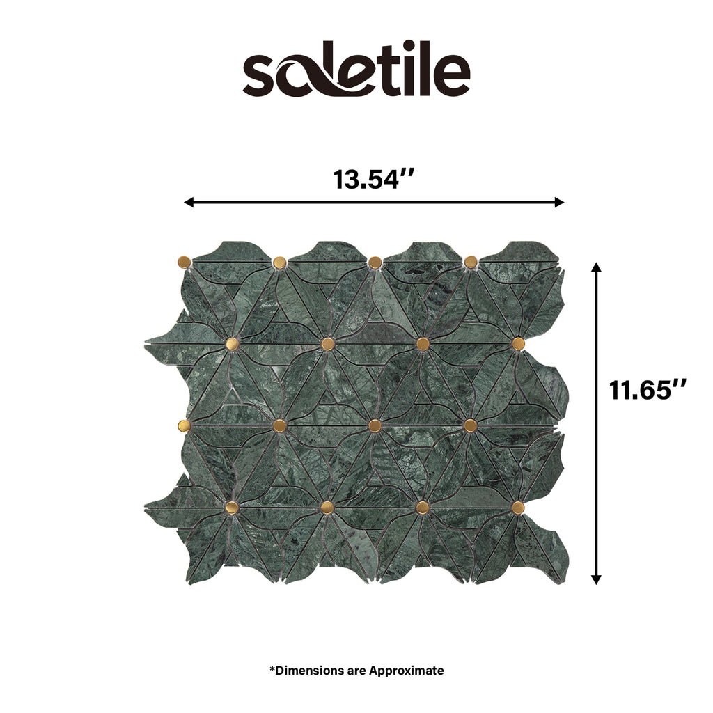 Green mosaic tile with dimensions labeled and 'soletile' branding.