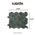 Green mosaic tile with dimensions labeled and 'soletile' branding.