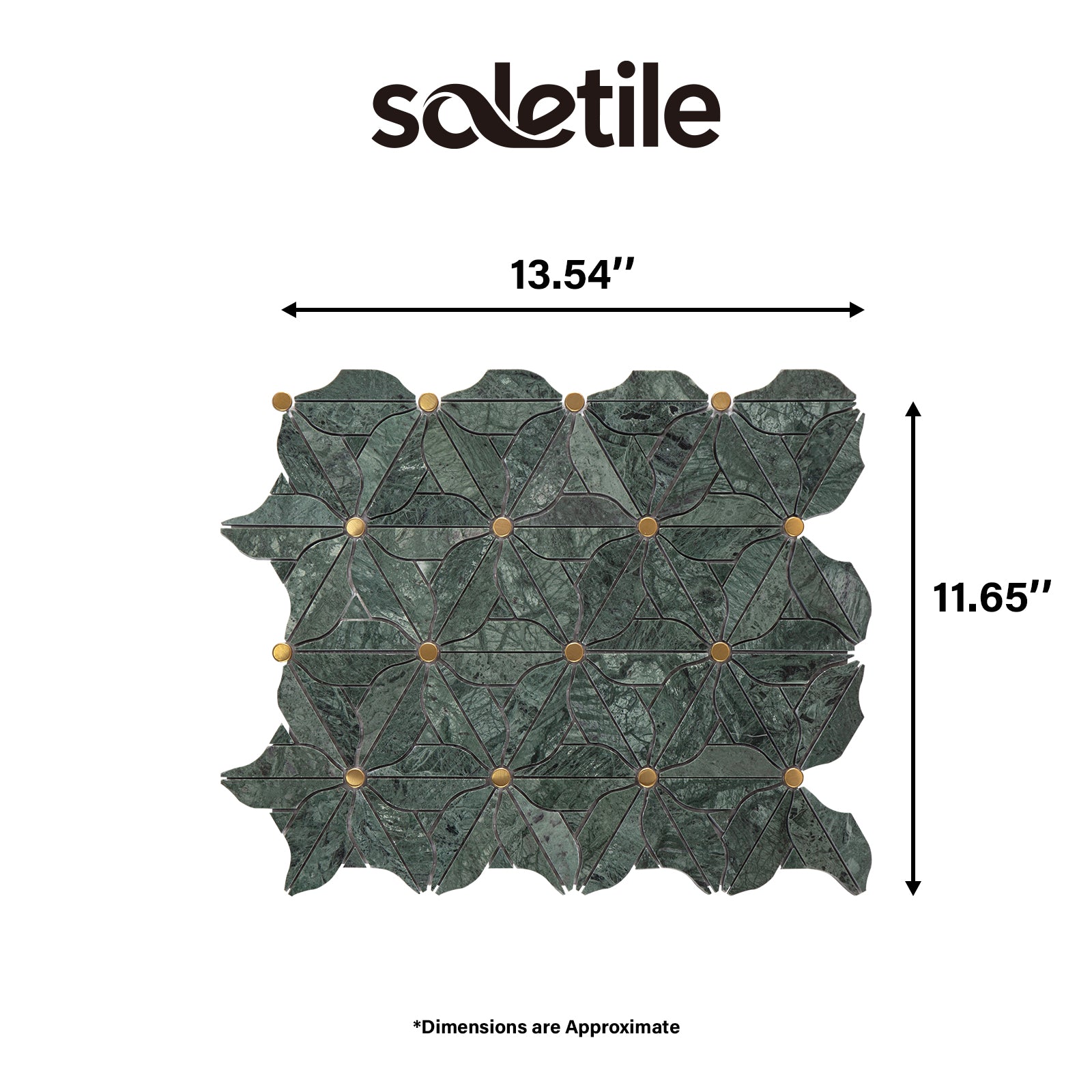 Green mosaic tile with dimensions labeled and 'soletile' branding.