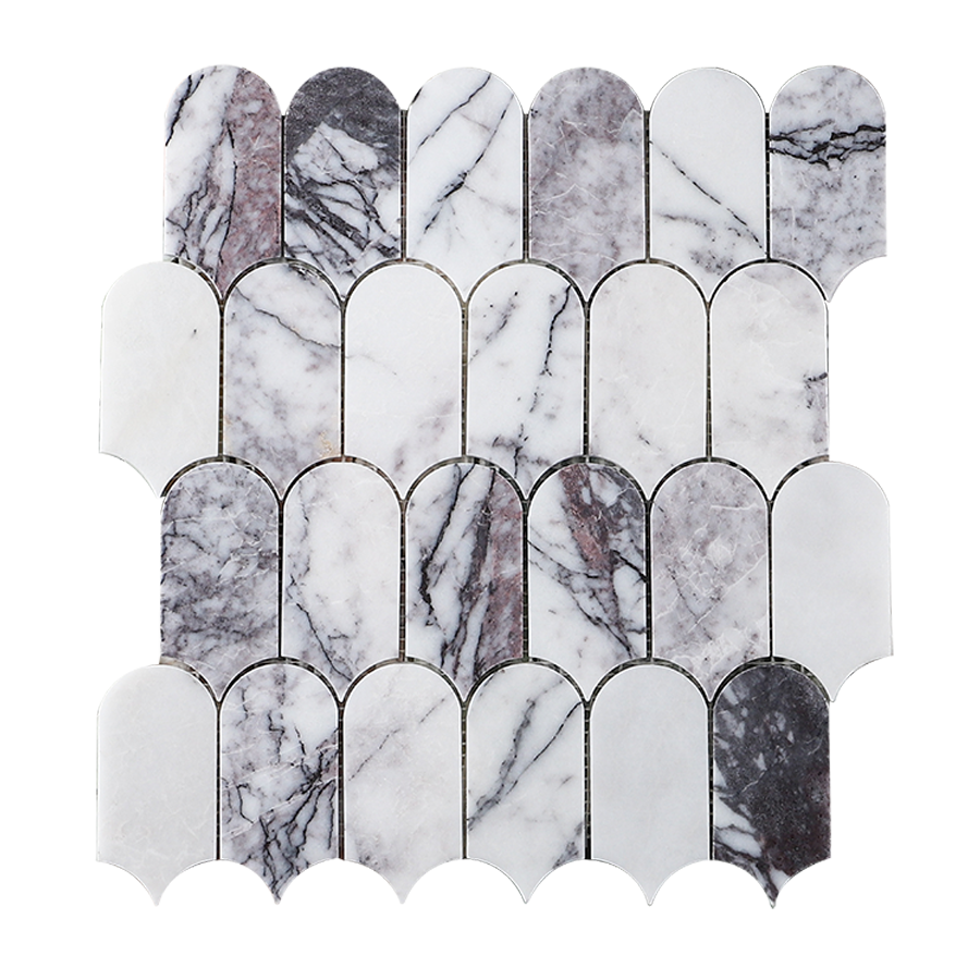 Feather-patterned marble tiles on a white background