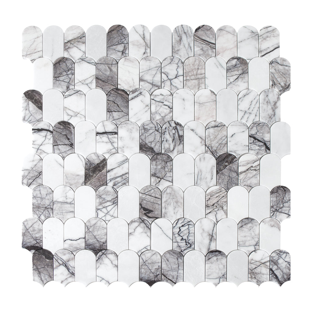 Marble mosaic tile pattern with gray and white stones on a white background