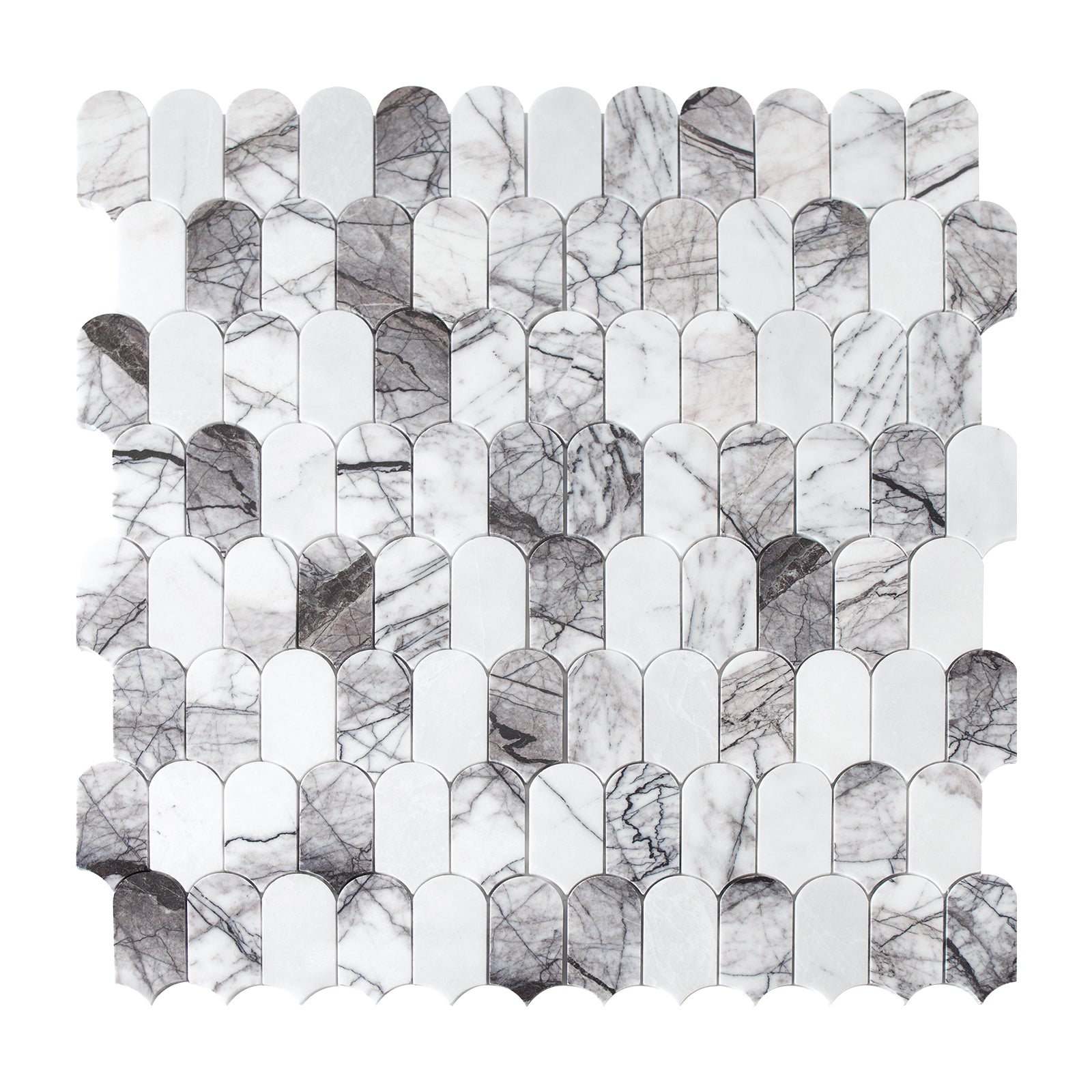Marble mosaic tile pattern with gray and white stones on a white background
