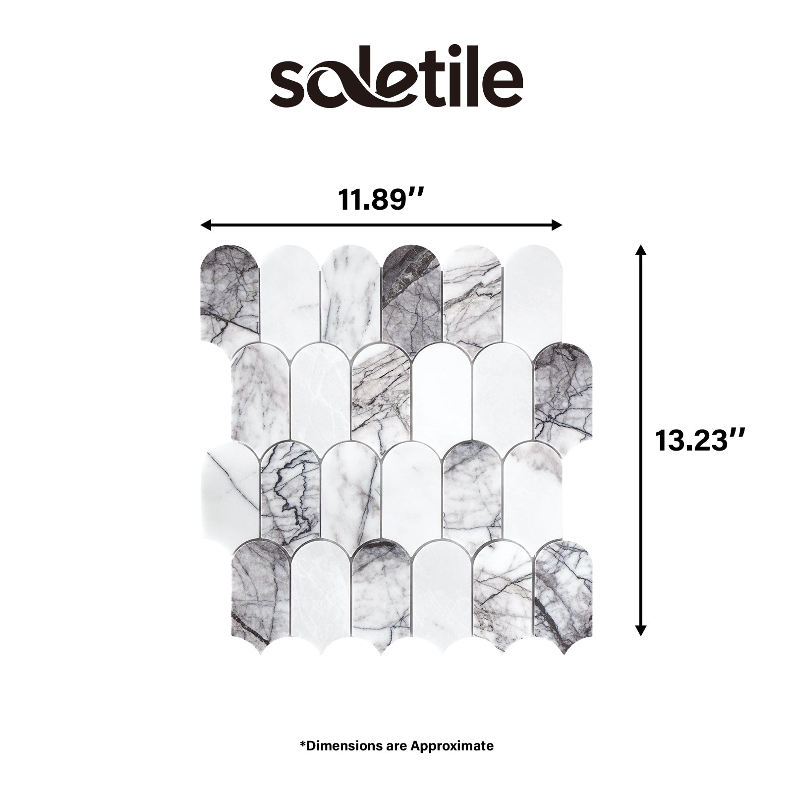 Marble-patterned tiles with dimensions labeled and 'soletile' branding.