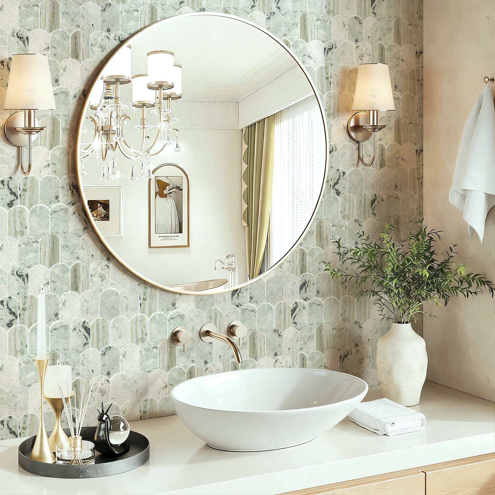 Bathroom with round mirror, sink, and decorative elements on a tiled wall.