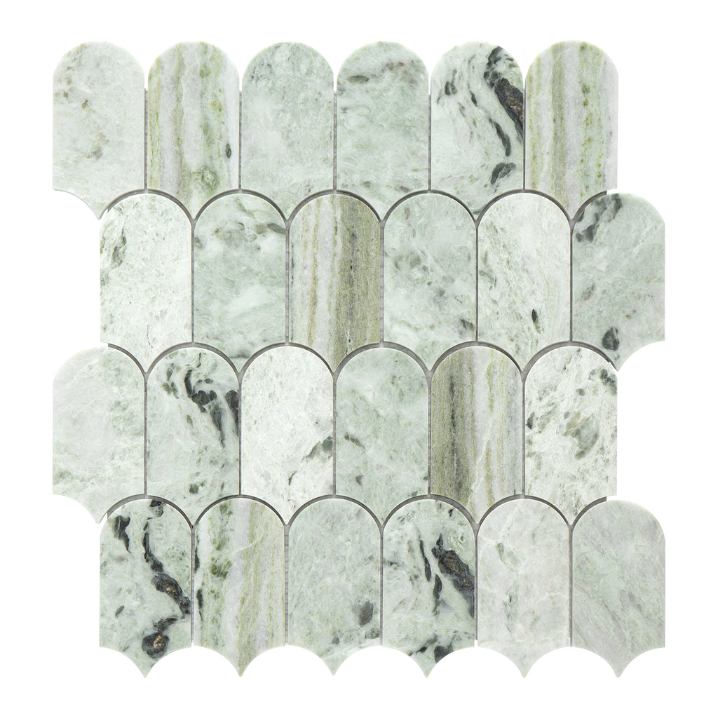 Marble mosaic tile with scalloped edge design on a white background