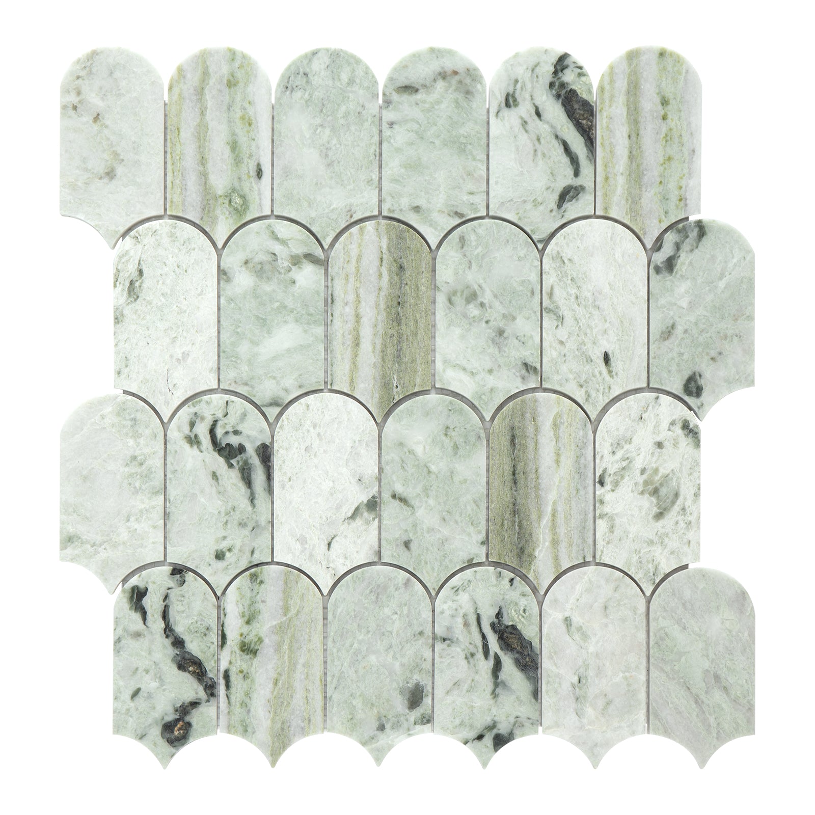 Marble mosaic tile with scalloped edge design on a white background