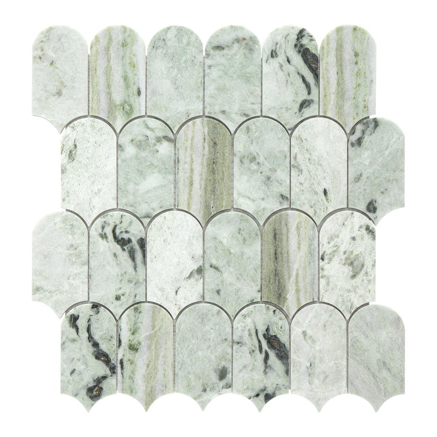 Marble mosaic tile with scalloped edge design on a white background