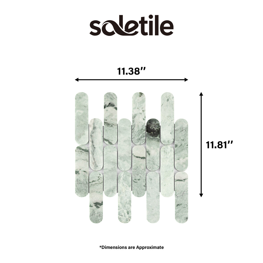 Marble-patterned tile with dimensions labeled and 'soletile' branding.
