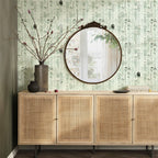 Wooden cabinet with rattan doors against a textured green wall with a round mirror.