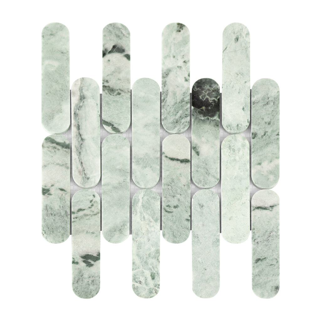 Green marble mosaic tile pattern on a white background
